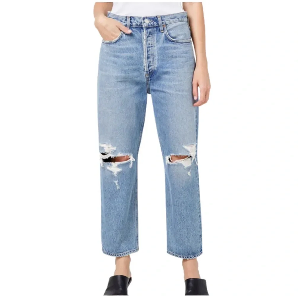 Agolde 90's Crop Mid Rise Jeans in Suspend Distressed Size 23 - Picture 1 of 7